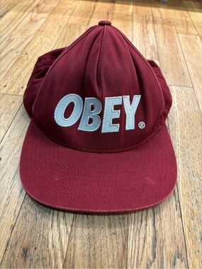 Obey Burgundy Snapback Hat with White Logo